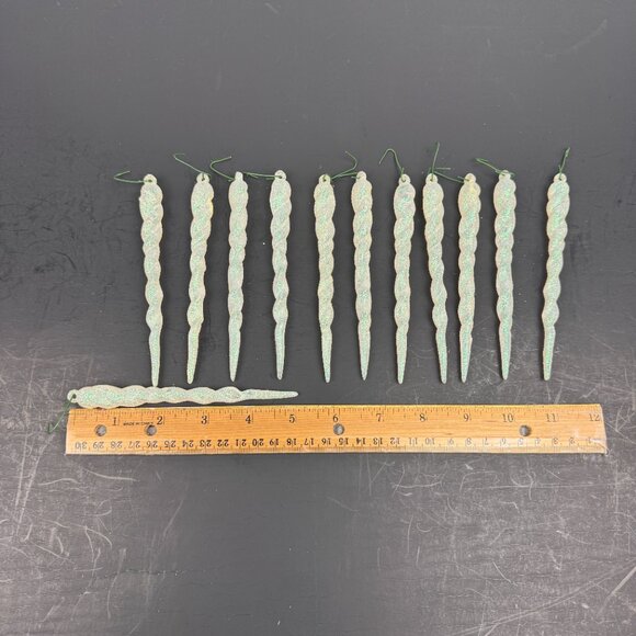 12 Vtg 5inch Hard Plastic Twist Icicle Glitter White Iridescent Ornament Xmas - Picture 3 of 10
